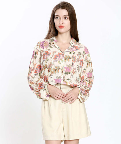Off White Pink Floral Button Down Blouse