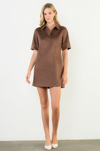 Dark Brown SS Collared Suede Dress (THML)