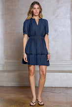 Load image into Gallery viewer, Indigo Navy Pleated Tiered SS Mini Dress