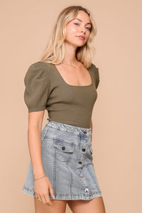 Olive Ribbed Square Neck Puff Slv Top