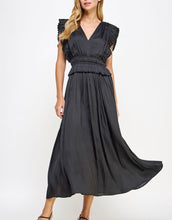 Load image into Gallery viewer, Black Pleated Long Satin Dress