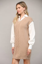 Load image into Gallery viewer, Latte/White Cable Knit Twofer Shirt Dress