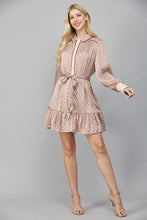 Load image into Gallery viewer, Beige Geo Print LS Satin Tie Waist Shirt Dress