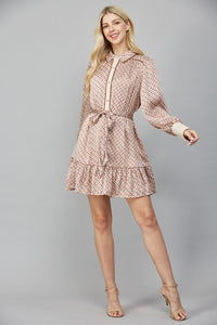 Beige Geo Print LS Satin Tie Waist Shirt Dress