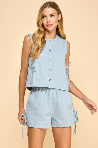 Powder Blue Side Tie Denim Button Top