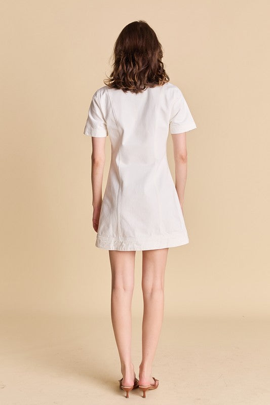 White Denim Gold Button Shirt Dress Mod and Proper White Denim Gold Button Shirt Dress Mod and Proper