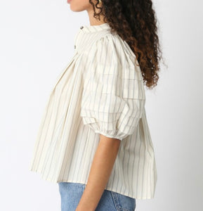 Ivory/Black Striped Button Down Puff Slv Top