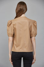 Load image into Gallery viewer, Latte Leather Split Neck Puff Slv Top