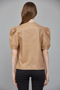 Latte Leather Split Neck Puff Slv Top
