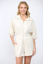Load image into Gallery viewer, Scuba Soft Frnt Zip Smocked Waist Romper Ecru