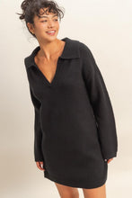 Load image into Gallery viewer, Black V-Neck Collared LS Sweater Dress