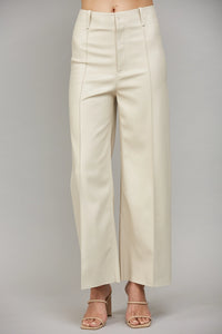 Ecru Tuck Detail Leather Flare Pants