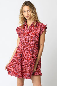 Pink/Red Printed Button Down Ruffle Slv Dress