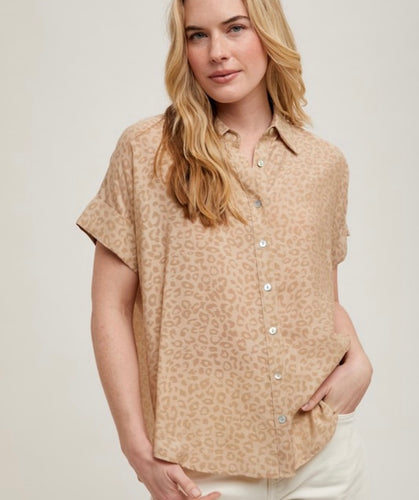 Taupe Leopard Print SS Button Down