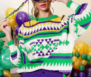 Multi Color Mardi Gras Printed Sweater