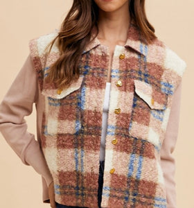 Rose Mix Media Plaid Faux Fur Jacket