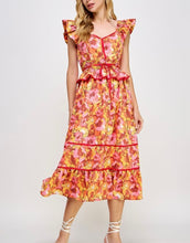 Load image into Gallery viewer, Orange Multi Floral Piping Midi Dress