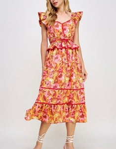 Orange Multi Floral Piping Midi Dress