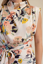 Load image into Gallery viewer, Ivory Floral Cowl Neck Tie Waist Midi Dress