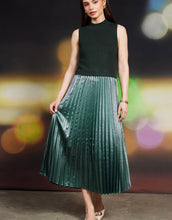 Load image into Gallery viewer, Astro Green Pleated Contrast Mock Neck Dress