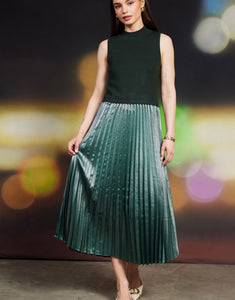 Astro Green Pleated Contrast Mock Neck Dress