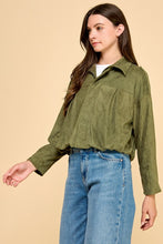 Load image into Gallery viewer, Olive Suede Zip Up Bomber Jacket