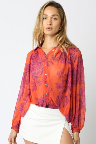 Orange Magenta Floral LS Button Down Blouse