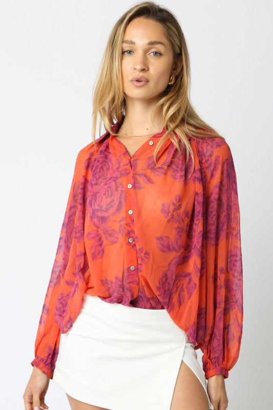 Orange Magenta Floral LS Button Down Blouse