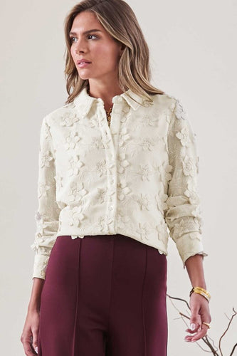 Cream Floral Lace LS Button Down Shirt