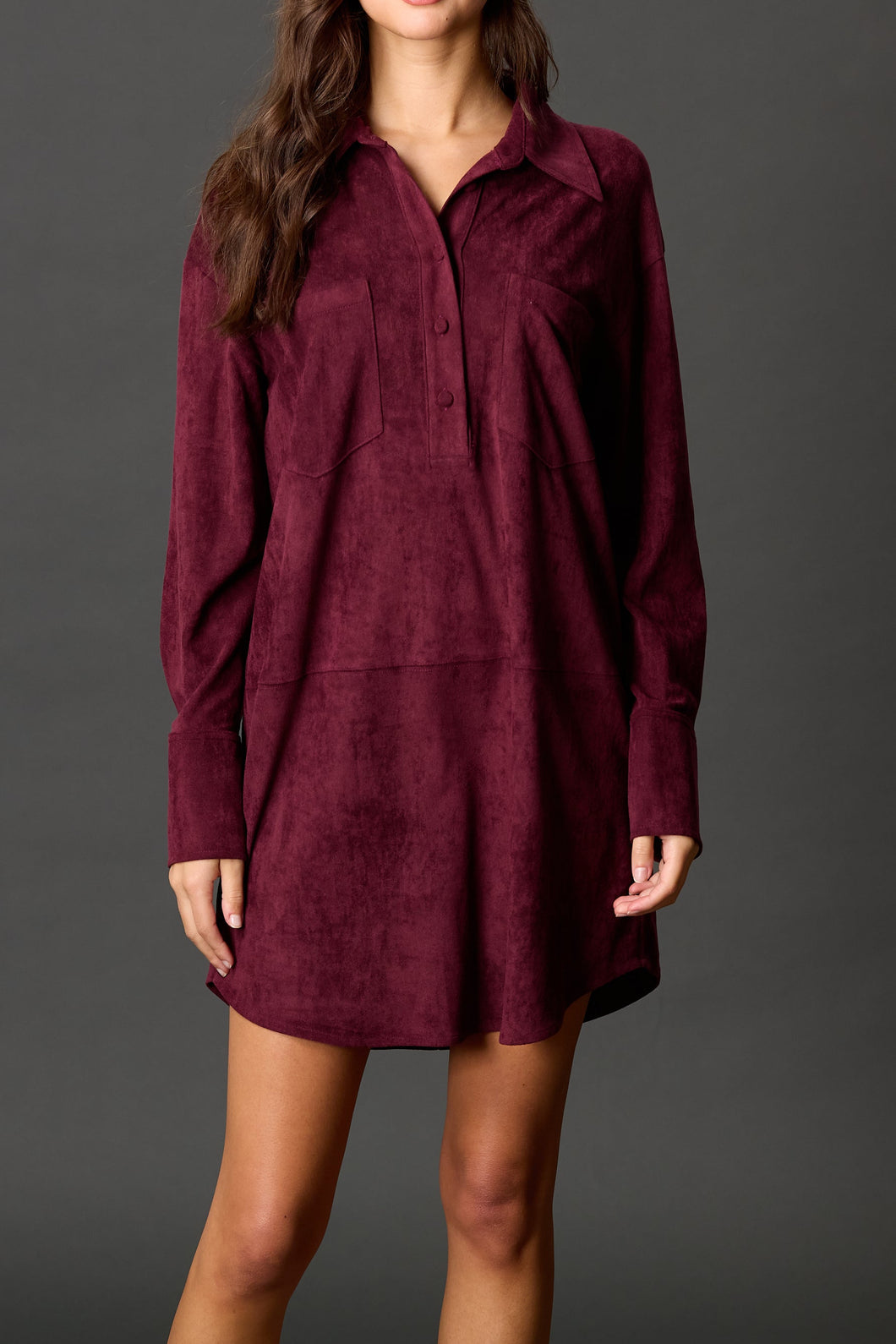 Burgundy Long Sleeve Suede Dress
