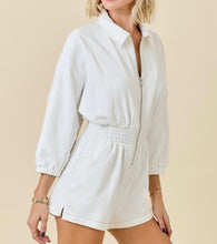 Load image into Gallery viewer, Off White Denim Collared Smocked Waist Romper