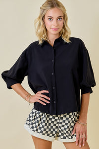 Button Down Collared 3/4 Puff Slv Top Black