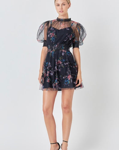 Navy Floral Ruffled Mesh Dress