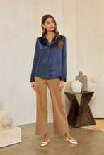 Load image into Gallery viewer, Navy Satin V-Neck LS Blouse