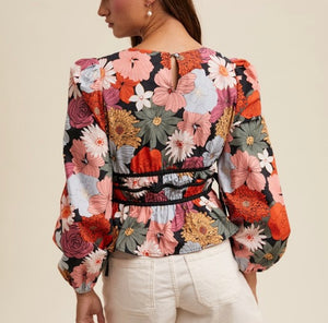 Black Floral V-Neck Contrast Blouse