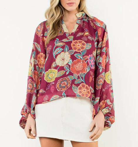 Maroon Floral LS V-Neck Top (THML)