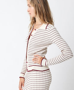 Cream/Maroon Striped Button Sweater Top