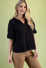 Load image into Gallery viewer, Black Gathered V-Neck Puff Slv Top