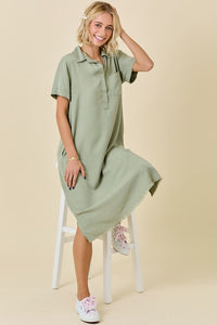 Washed Olive Button Collar Midi Shirt Dress