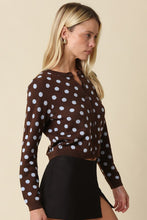 Load image into Gallery viewer, Coffee/Blue Polka Dot Sweater Cardigan