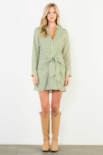 Green Striped LS Tie Frnt Dress (THML)