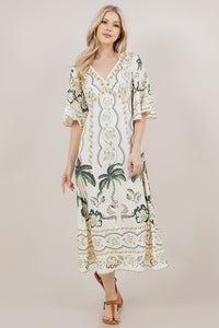 Apricot Printed SS V-Neck Long Dress