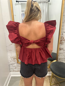 Maroon Tie Back Ruffle Slv Babydoll Top