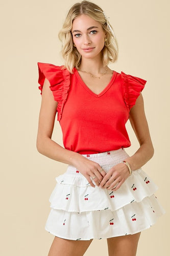 Red Ruffle Sleeve Ribbed Vneck Top