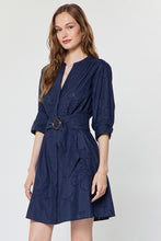 Load image into Gallery viewer, Navy Eyelet Roll-Up Slv Dress w/ Belt