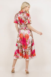 Pink Floral Print Button Down Midi Dress