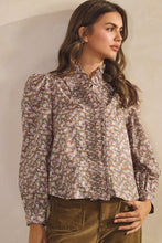 Load image into Gallery viewer, Mocha Floral Ruffled Neck LS Blouse
