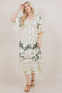 Apricot Printed SS V-Neck Long Dress