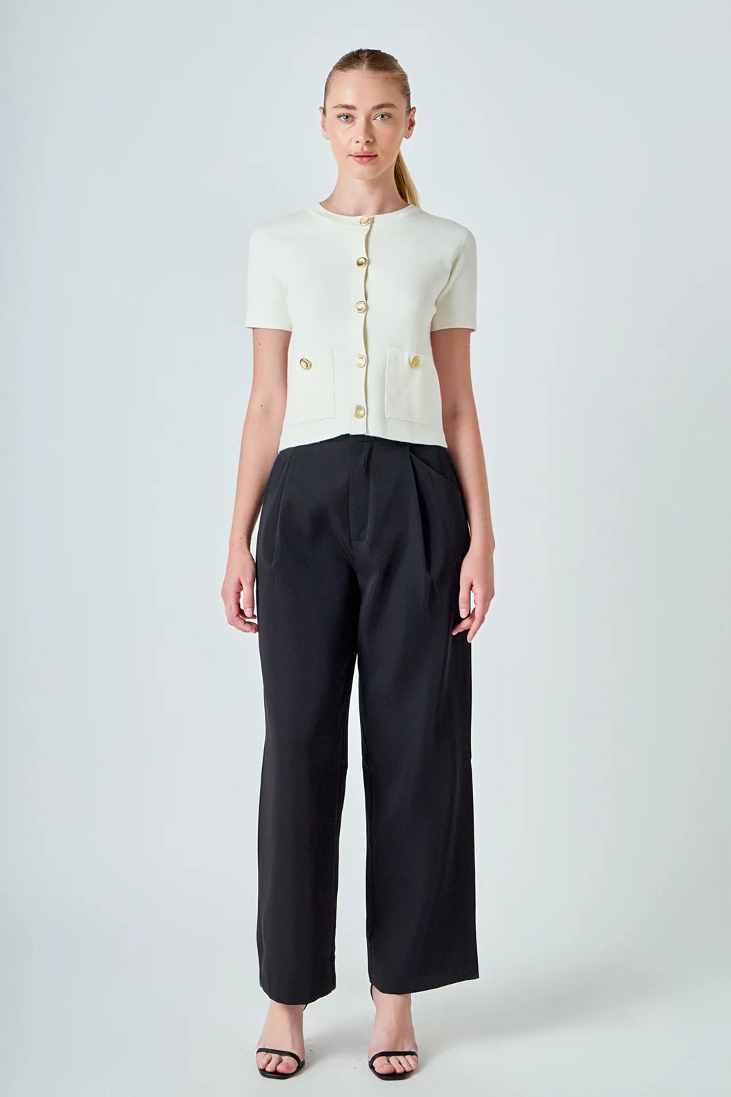 Cream SS Gold Button Cardigan Top