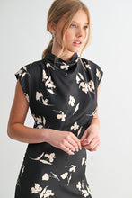 Load image into Gallery viewer, Black Flower Print Satin Mock Neck Maxi Dress